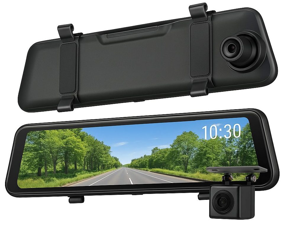 ルームミラー一体型のドライブレコーダー。広い画角で前後の映像を記録できるモデル。