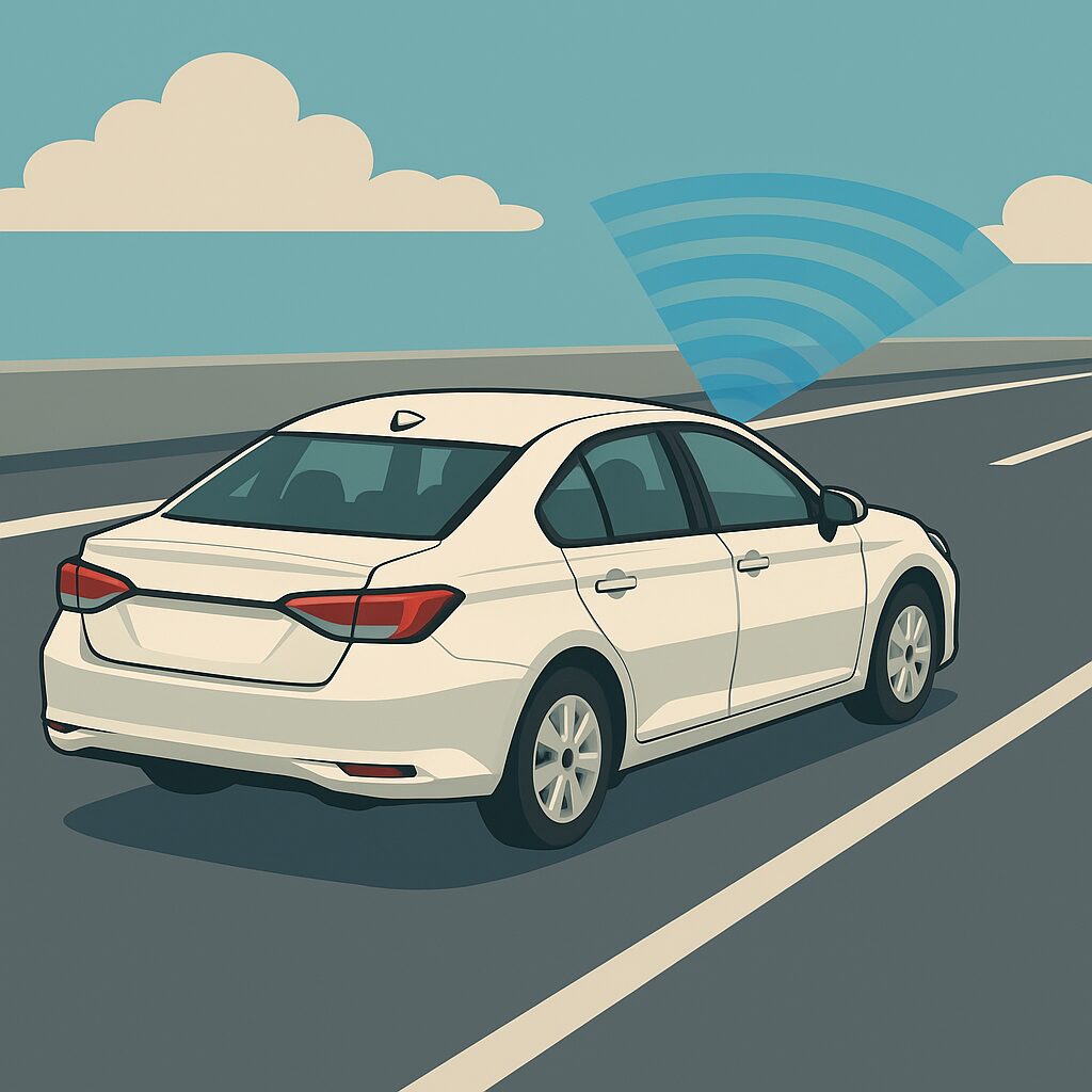 シエンタのレーン逸脱警報とレーンキープアシストをイメージしたイラスト。車が青いラインで車線を検知している様子