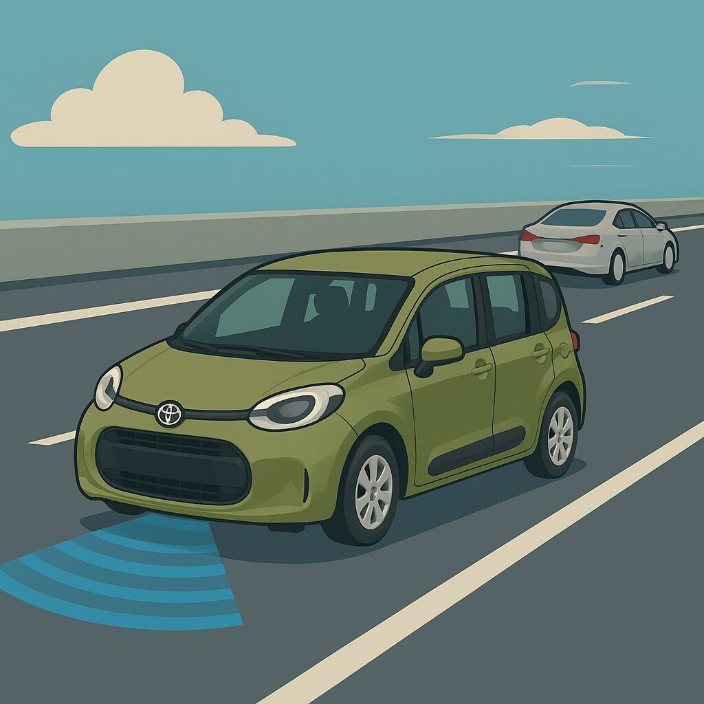シエンタのクルーズコントロール進化をイメージしたイラスト。前車との距離を保ちながら走行する様子