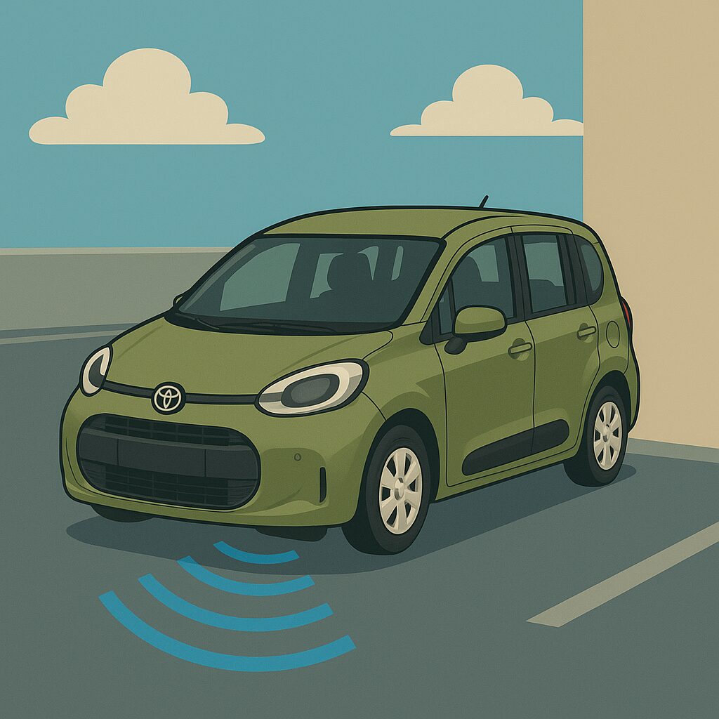 シエンタの駐車支援・障害物センサーをイメージしたイラスト。前後に波形が出て障害物を検知している様子