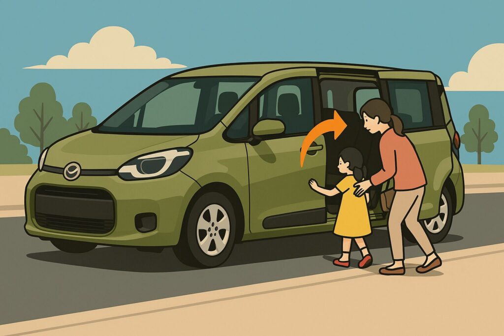 シエンタの両側スライドドアをイメージしたイラスト。子どもや買い物袋を持った人がスムーズに乗り降りしている様子