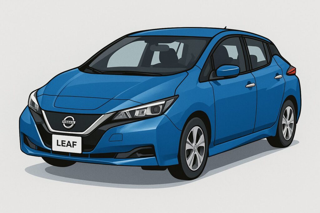 青い日産リーフを斜め前から描いたシンプルなイラスト