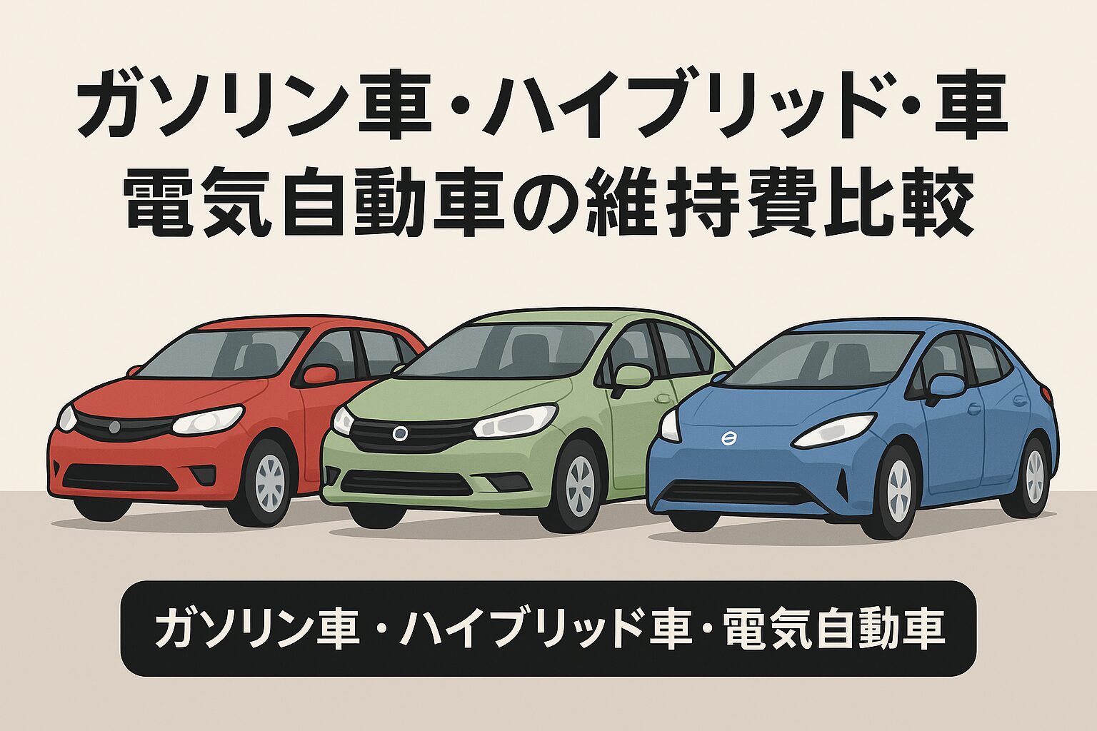 ガソリン車・ハイブリッド車・電気自動車が並んでいるイラスト。維持費の比較をイメージしたアイキャッチ画像。