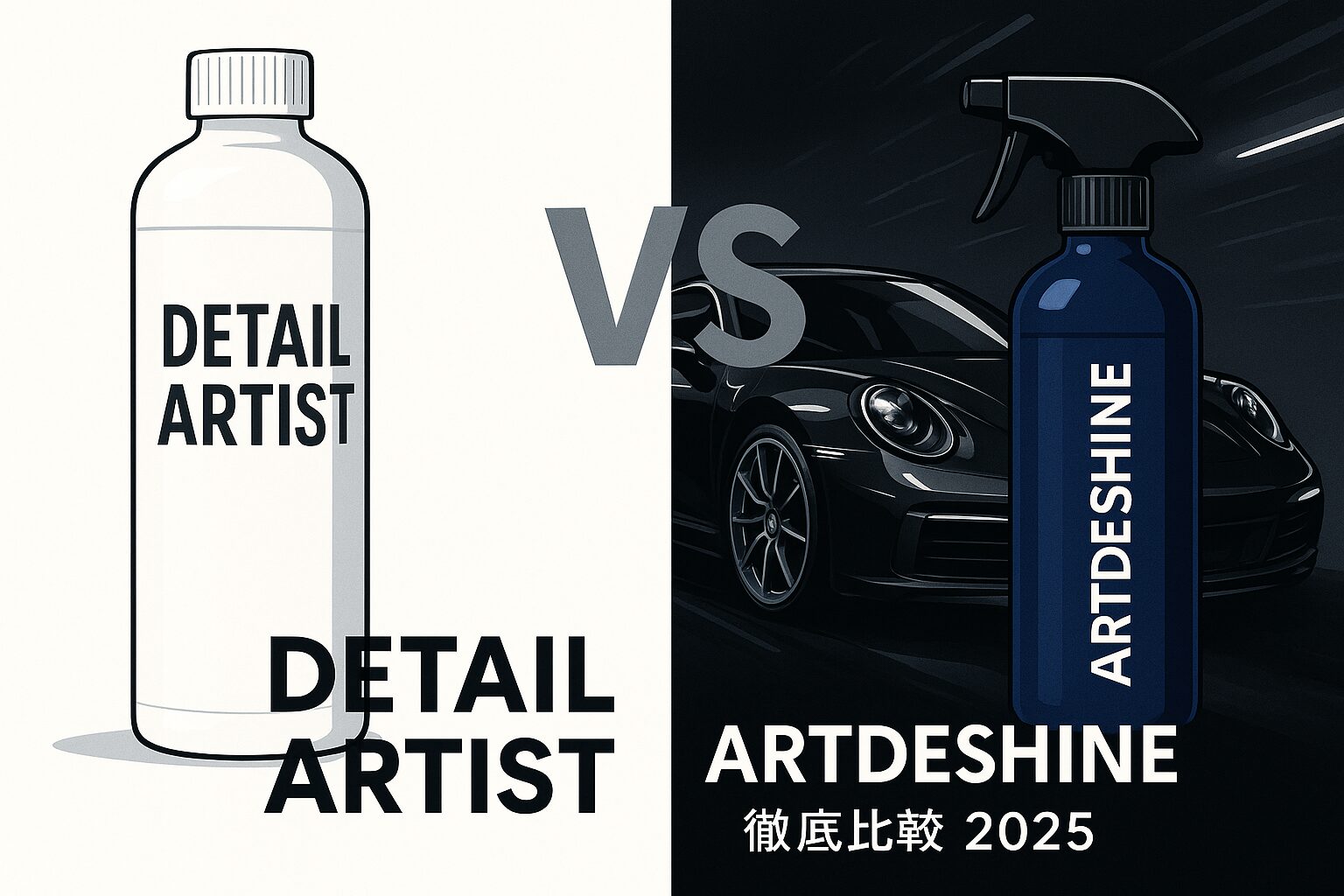 国産ブランドDETAIL ARTISTと海外ブランドARTDESHINEを比較したアイキャッチ画像。左に白基調のDETAIL ARTISTボトル、右に黒基調のスポーツカーとARTDESHINEボトルが描かれている。