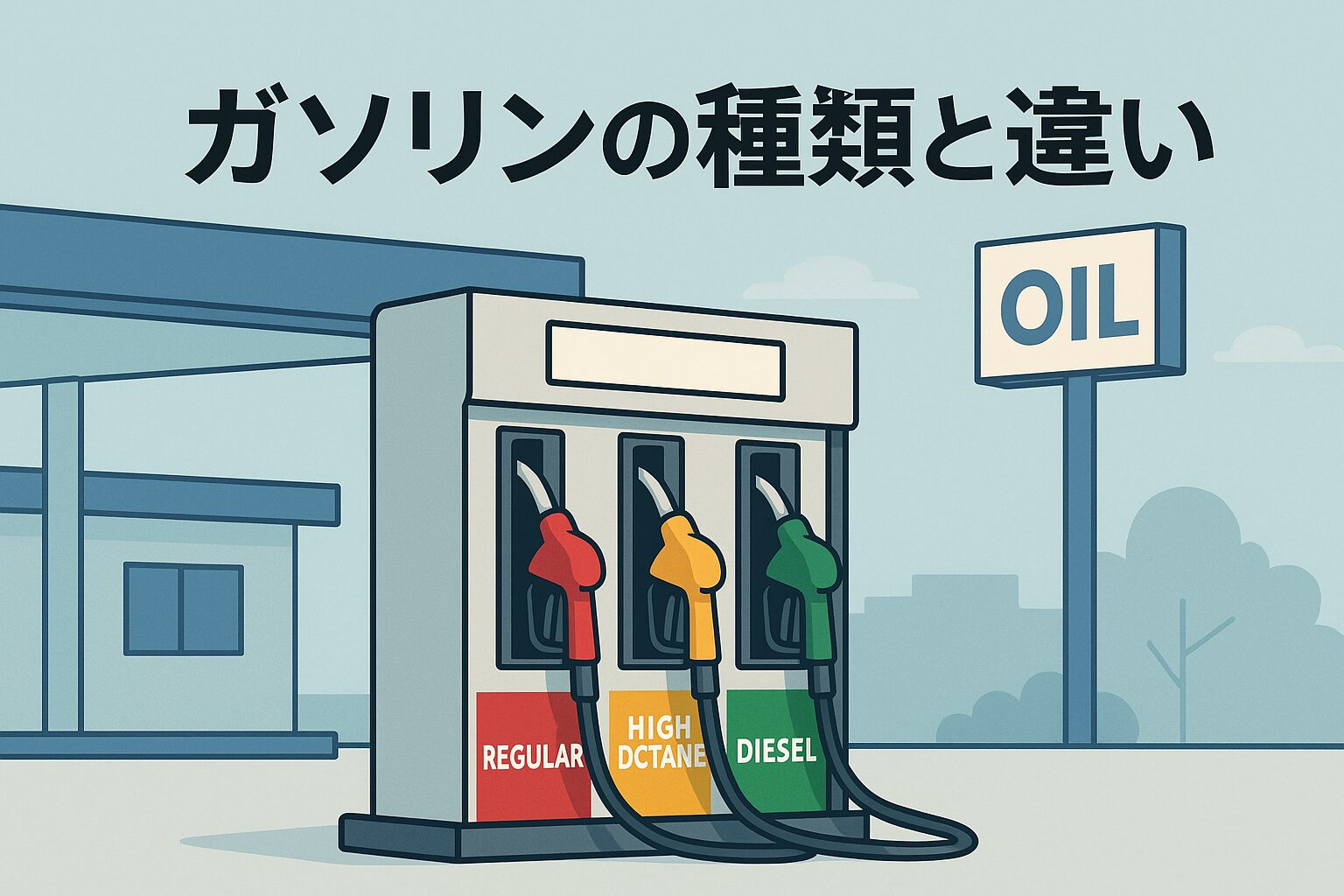 ガソリンスタンドのノズル3種類（レギュラー・ハイオク・軽油）が並んだイラストと「ガソリンの種類と違い」の文字