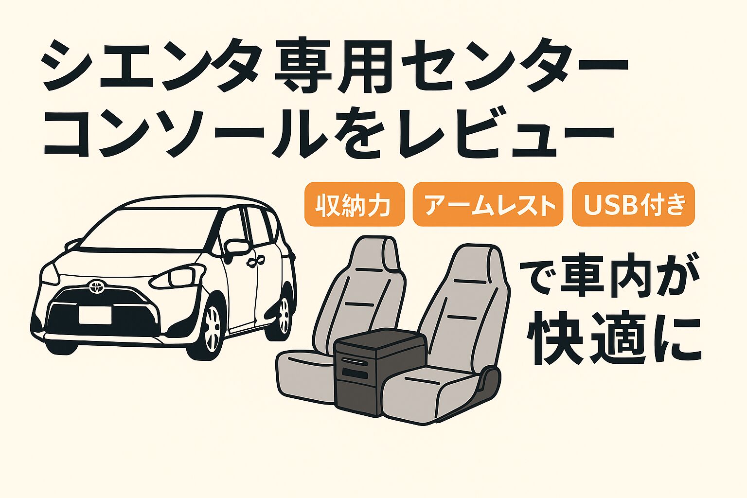 シエンタ専用センターコンソールを設置した車内イラスト。収納力・アームレスト・USB付きで快適に過ごせる様子を表現。