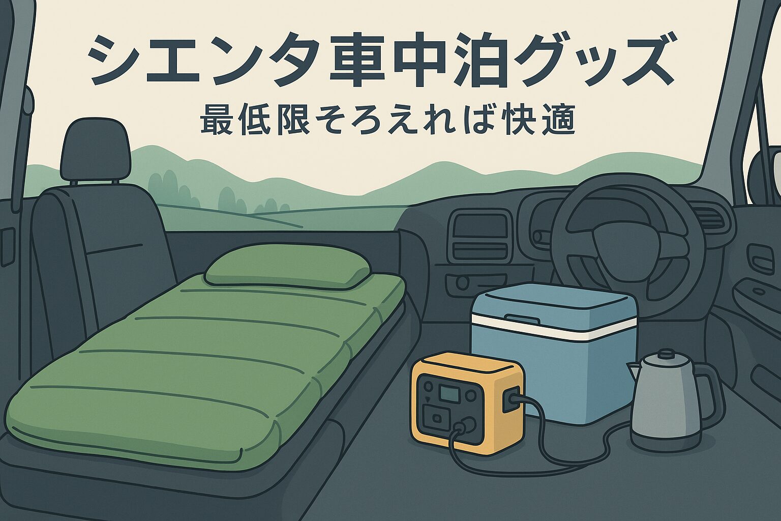 シエンタ車中泊グッズのイラスト｜寝袋・冷蔵庫・ポータブル電源・ポット
