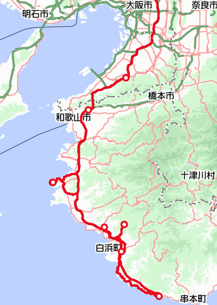 和歌山県の海沿いをめぐる道の駅スタンプラリー第14弾の走行ルートマップ。白崎海洋公園からすさみまでを南下した469kmのドライブコース。