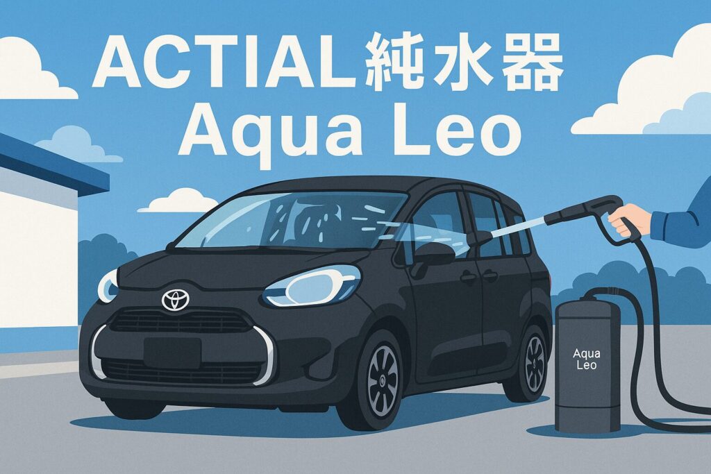 青空の下、ACTIAL純水器「Aqua Leo」でシエンタを洗車。透明な純水でボディがツヤツヤに輝くイラスト。