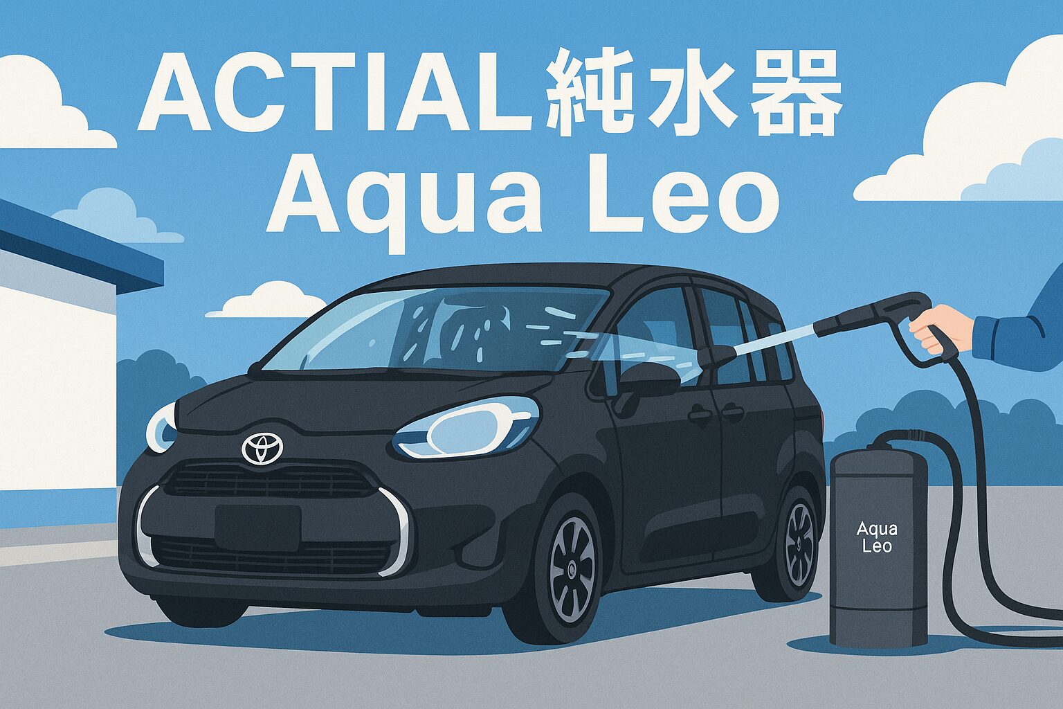 青空の下、ACTIAL純水器「Aqua Leo」でシエンタを洗車。透明な純水でボディがツヤツヤに輝くイラスト。