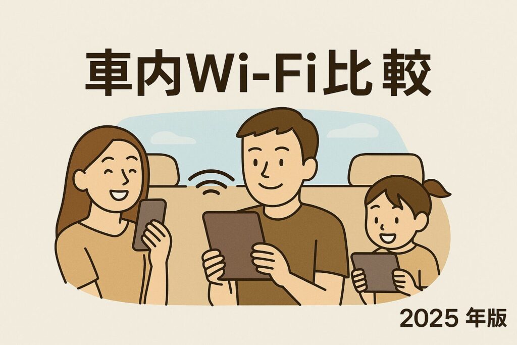 車内で家族がスマートフォンやタブレットを使っている様子を描いたイラスト。中央に「車内Wi-Fi比較」、右下に「2025年版」と書かれたアイキャッチ画像。
