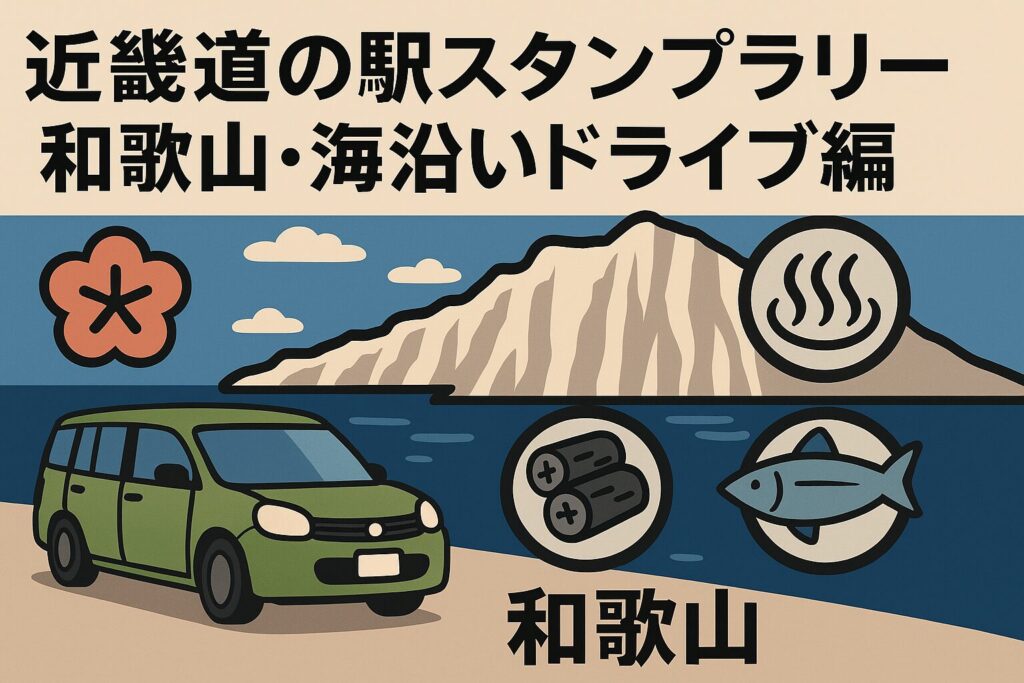 白い岩と青い海が広がる和歌山の海沿いを、シエンタが走るイラスト。近畿道の駅スタンプラリー第14弾 和歌山・海沿いドライブ編