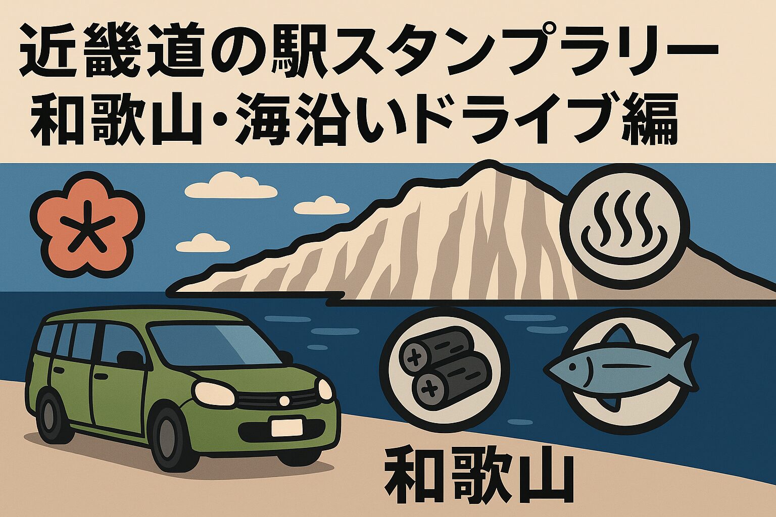 白い岩と青い海が広がる和歌山の海沿いを、シエンタが走るイラスト。近畿道の駅スタンプラリー第14弾 和歌山・海沿いドライブ編
