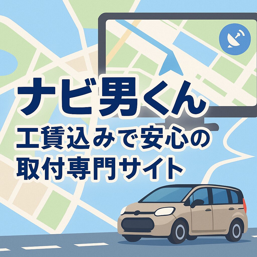 ナビ男くんのイラスト。地図とモニターを背景に、シエンタ風のミニバンが走る様子を描いた画像。