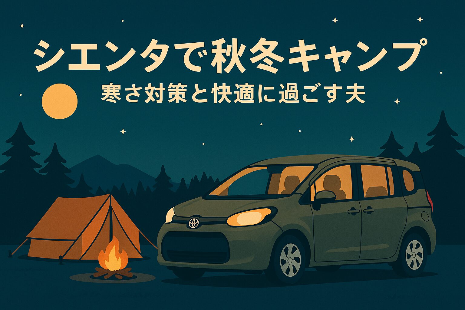 シエンタとテント、焚き火を描いた秋冬キャンプの夜の風景
