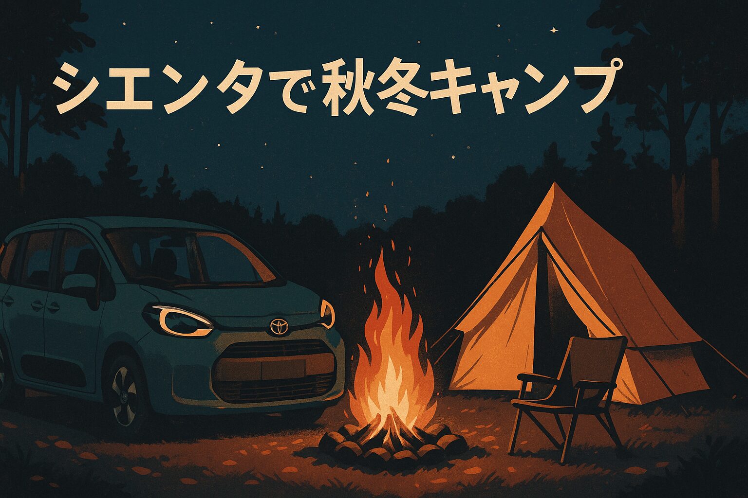 シエンタとテント、焚き火を描いた秋冬キャンプの夜の風景
