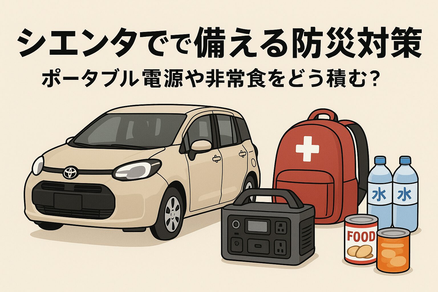 シエンタと防災グッズ（ポータブル電源・非常食・水・リュック）が並ぶ防災対策イメージ