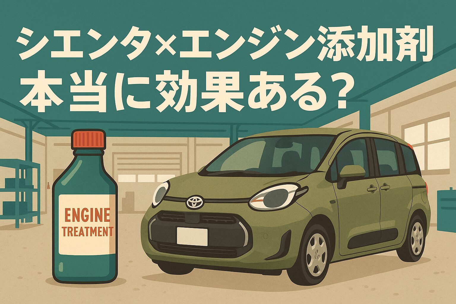 カーキカラーの背景にシエンタのエンジン添加剤をイメージしたイラスト。エンジン内部の洗浄や燃費改善をイメージ。