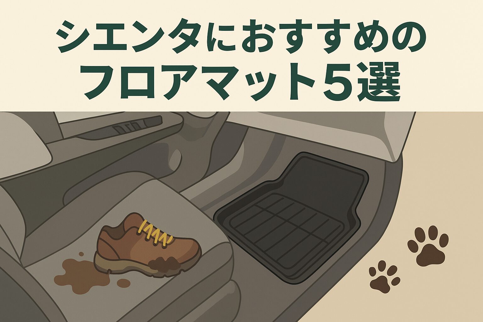 トヨタ・シエンタの車内に黒い防水マットが敷かれ、泥のついた靴とペットの足跡が描かれたイラスト。上部には「シエンタにおすすめのフロアマット5選」と書かれている。
