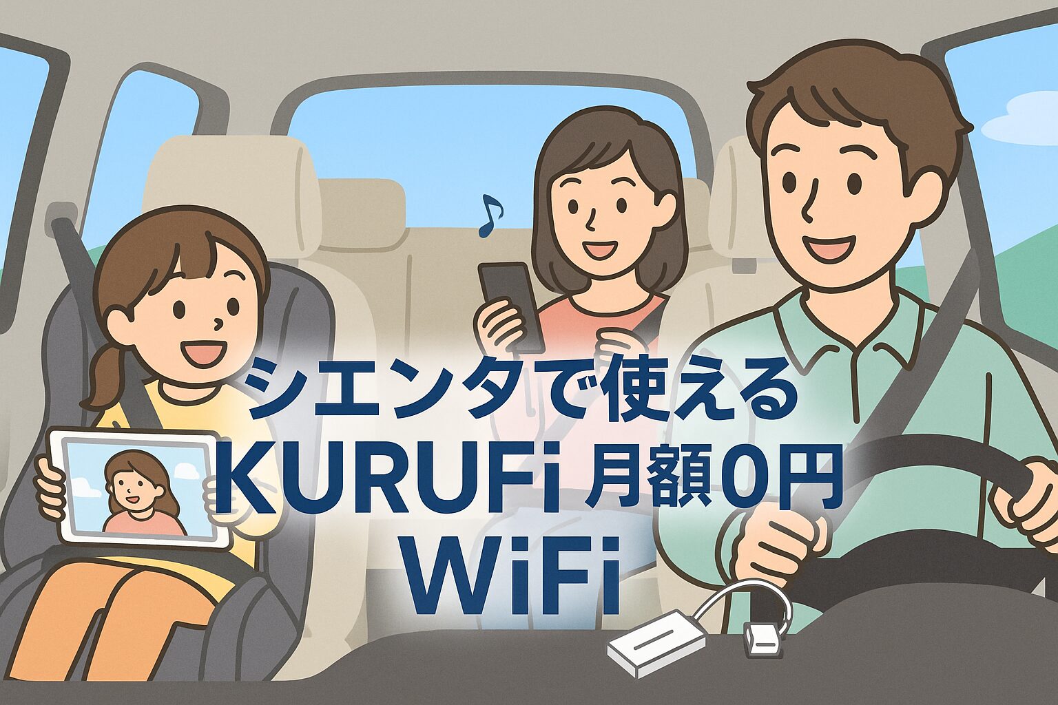 シエンタの車内で家族がスマホやタブレットを楽しんでいるイラスト。中央に「シエンタで使える KURUFi 月額0円WiFi」と2段で表示しています。