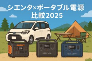キャンプ場でシエンタの横にJackery・EcoFlow・BLUETTIのポータブル電源が並ぶイラスト。シエンタとポータブル電源の比較をイメージした画像。