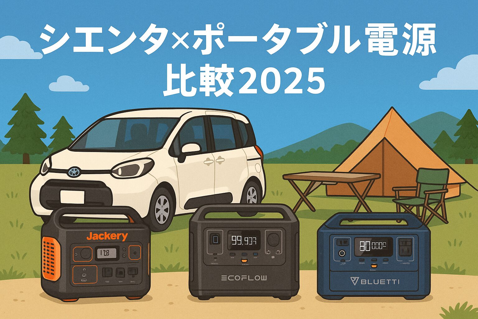 キャンプ場でシエンタの横にJackery・EcoFlow・BLUETTIのポータブル電源が並ぶイラスト。シエンタとポータブル電源の比較をイメージした画像。