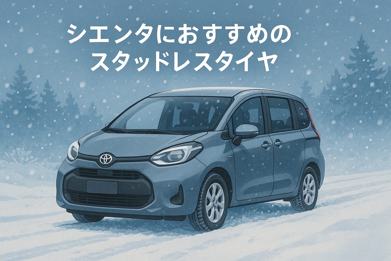 雪道を走るシエンタを描いたイラスト。冬の青空と雪景色の中で、安全に走行できるスタッドレスタイヤのイメージを表現しています。