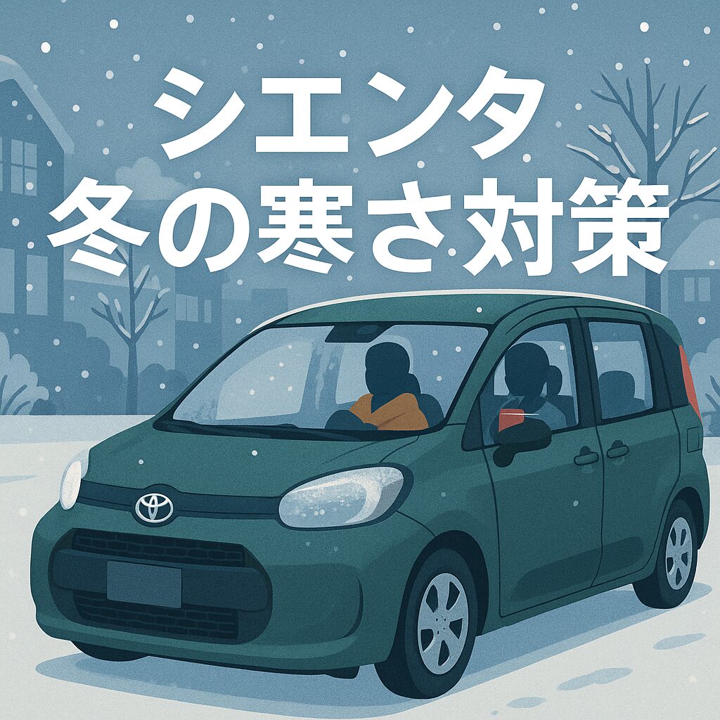 雪の街並みに停まるシエンタとブランケットで暖を取る人のイラスト
