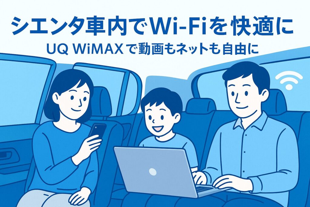 シエンタの車内で家族がUQ WiMAXのモバイルルーターを使ってスマホやノートパソコンを楽しんでいるイラスト