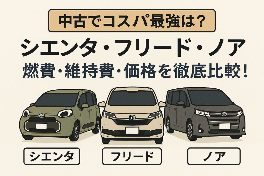 シエンタ・フリード・ノアの3車種を燃費・維持費・価格で徹底比較。2025年に中古で買うならどのミニバンが最もお得かをわかりやすく紹介します。