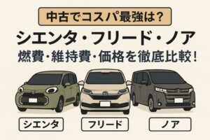 シエンタ・フリード・ノアの3車種を燃費・維持費・価格で徹底比較。2025年に中古で買うならどのミニバンが最もお得かをわかりやすく紹介します。
