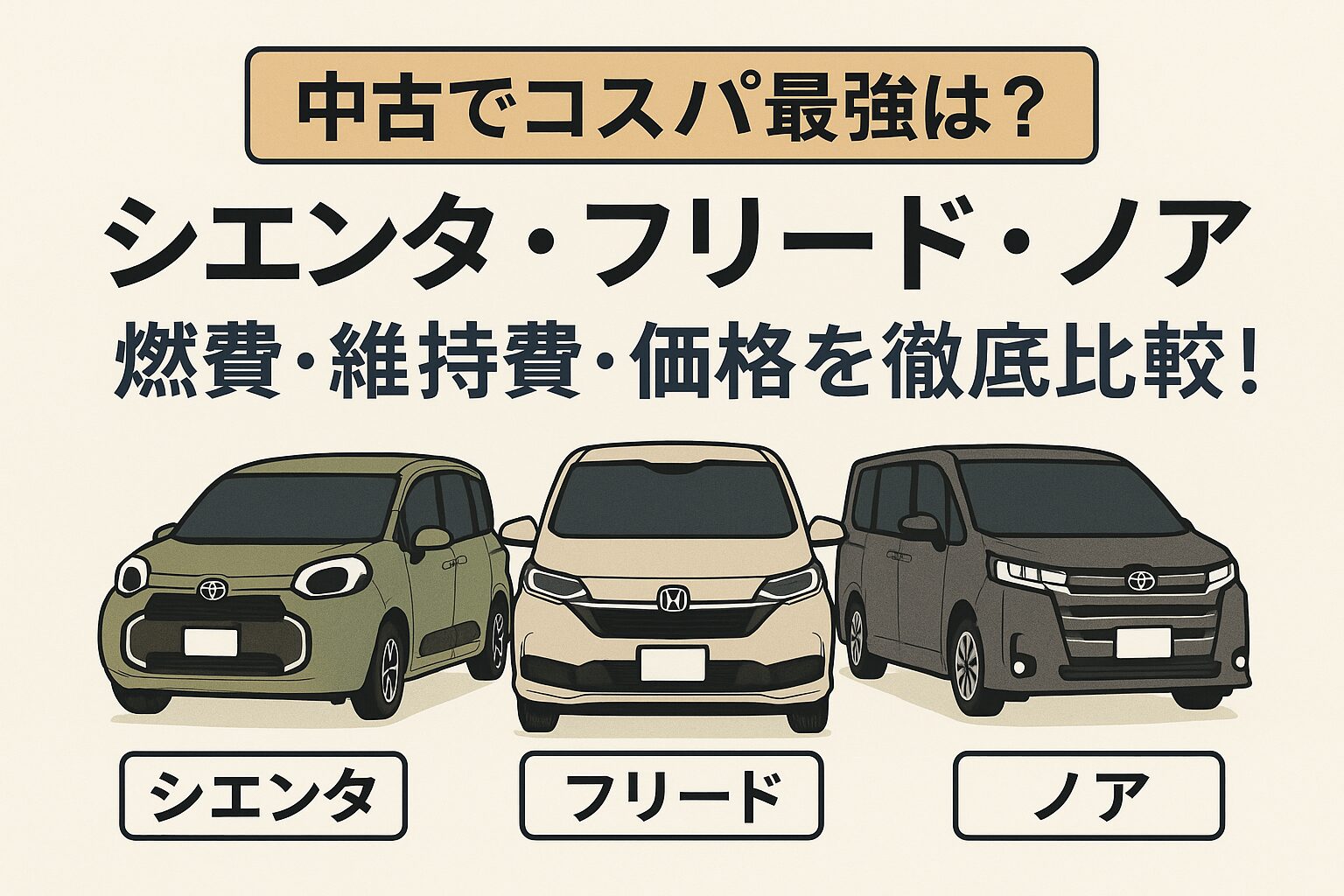 シエンタ・フリード・ノアの3車種を燃費・維持費・価格で徹底比較。2025年に中古で買うならどのミニバンが最もお得かをわかりやすく紹介します。
