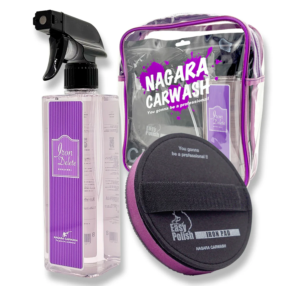 ながら洗車の鉄粉除去剤「アイアンデリート(IRON DELETE)」の公式商品画像。ボディやホイールに付着した鉄粉を除去する下地処理剤です。