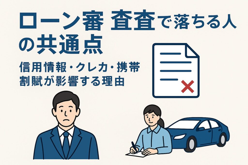 車のローン審査に落ちる人の共通点を表すイラスト。困った表情の人物と車、書類が描かれたブルー基調のデザイン。