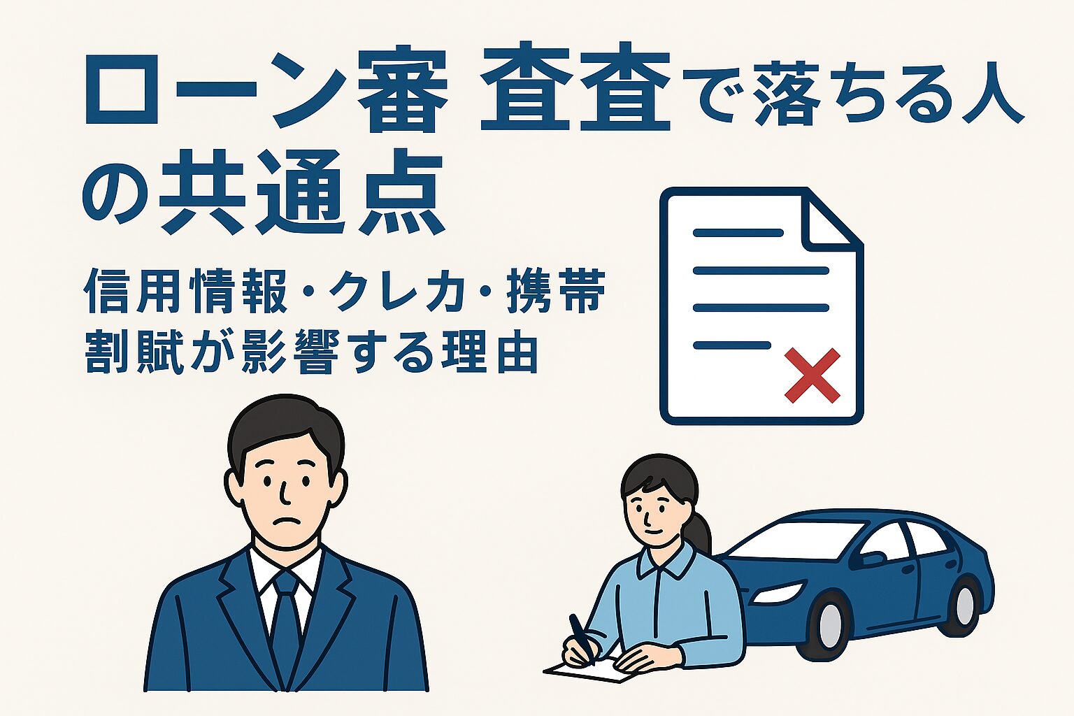車のローン審査に落ちる人の共通点を表すイラスト。困った表情の人物と車、書類が描かれたブルー基調のデザイン。