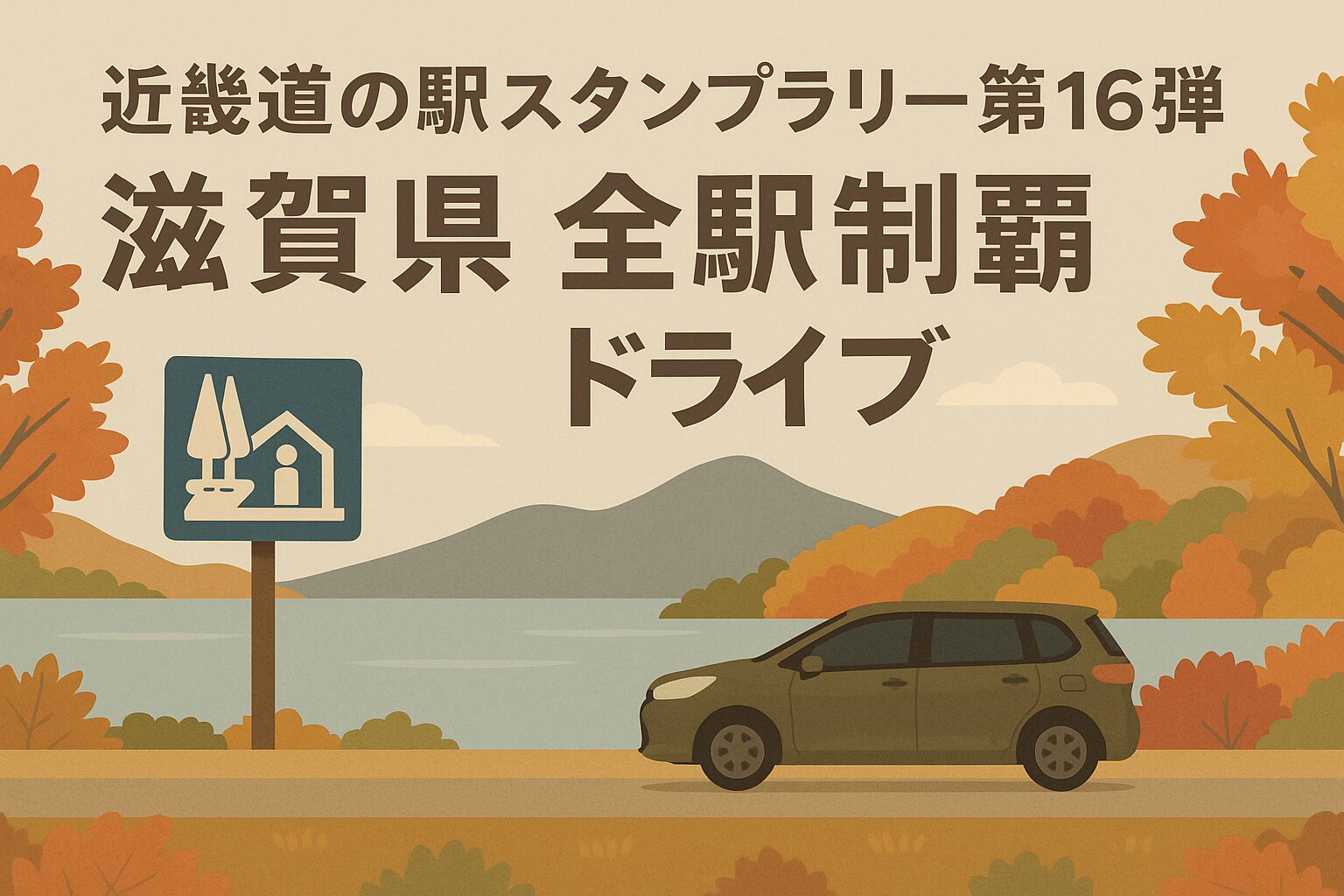 滋賀県の紅葉と琵琶湖を背景に、シエンタが走る秋の道の駅ドライブイラスト。近畿道の駅スタンプラリー第16弾を記念したアイキャッチ画像。