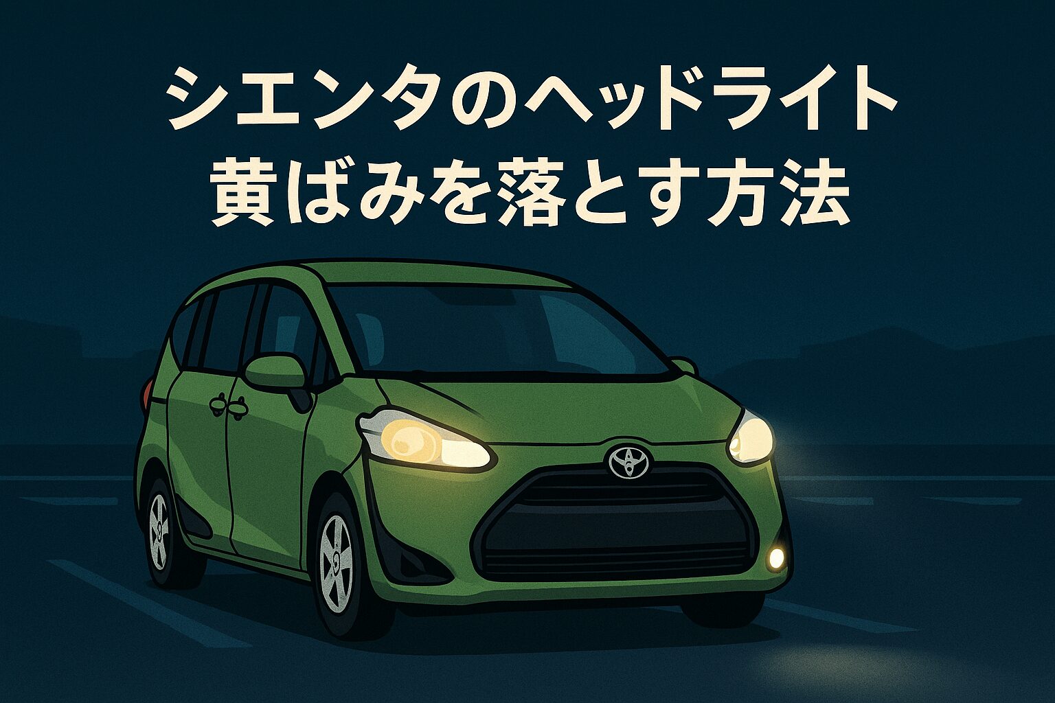 左側のヘッドライトが黄ばんだシエンタと、右側がクリアに輝くシエンタを対比で描いたイラスト