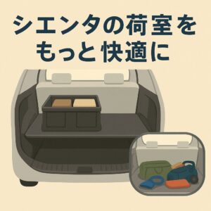 シエンタのトランクを整理したイラスト。整頓された荷室と散らかった荷室を対比し、収納の工夫を表現している。