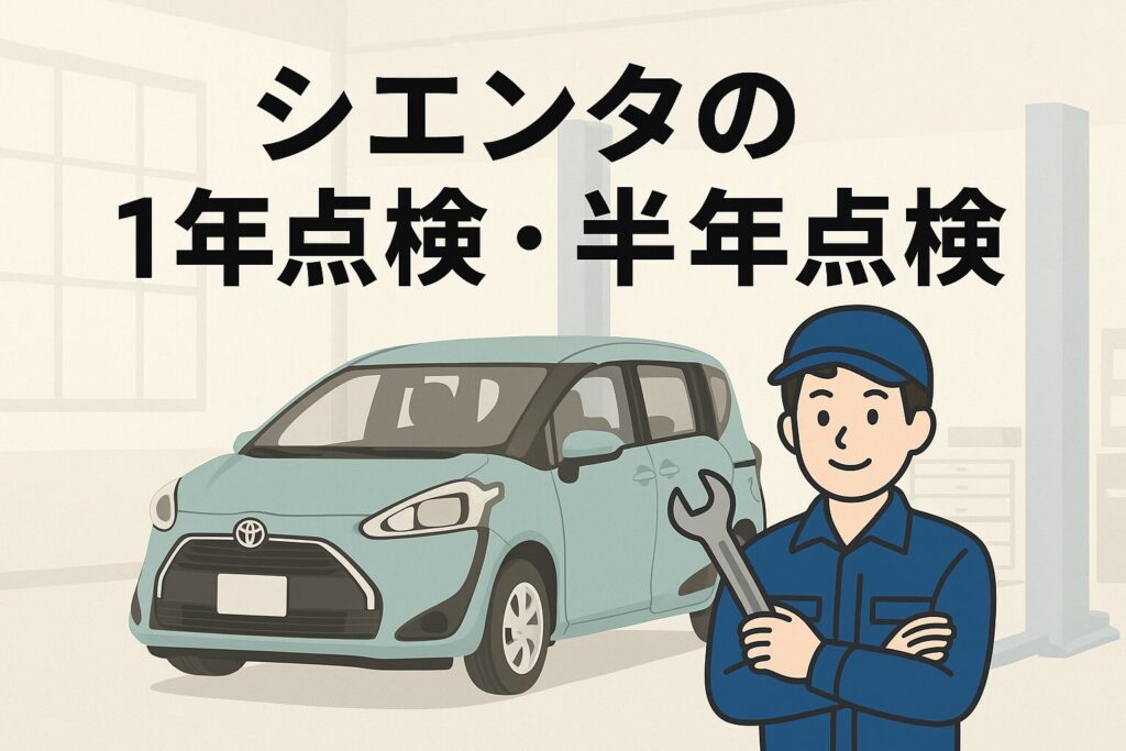 トヨタ・シエンタの定期点検をテーマにしたイラスト。整備士が明るい整備工場でシエンタを点検している様子を描いたデザイン。