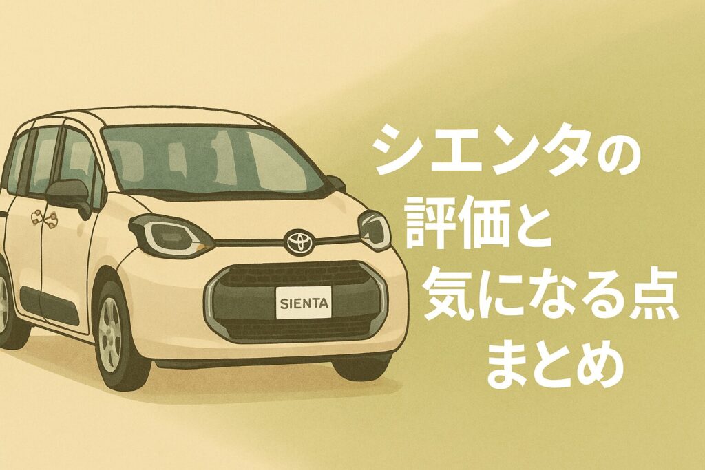 トヨタ・シエンタのイラストと「シエンタの評価と気になる点まとめ」というタイトル文字が入ったアイキャッチ画像