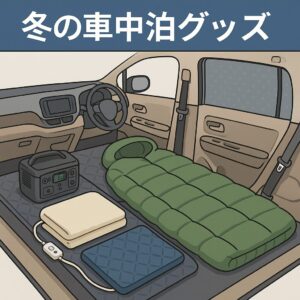 シエンタで冬の車中泊を快適にする防寒アイテムをまとめたイラストです。