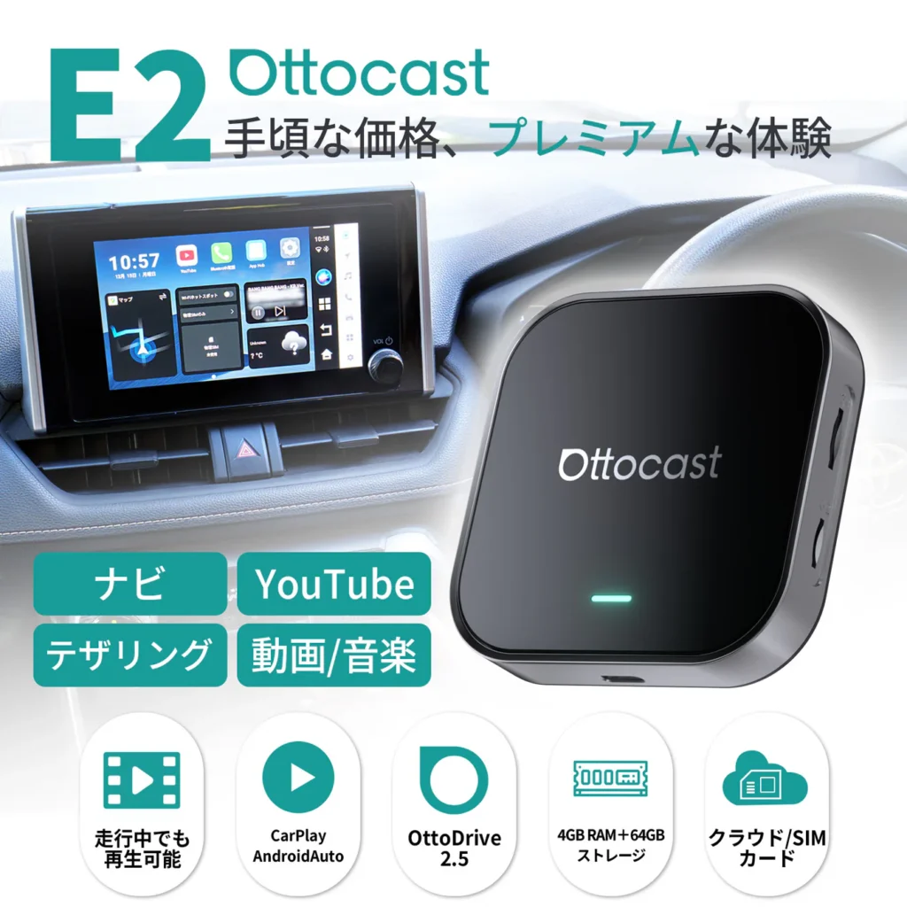 OttoAibox E2は、CarPlay／Android Auto対応のAndroid搭載AI BOX。ナビ・YouTube・動画／音楽再生に対応し、4GB RAM＋64GBストレージ、SIMカード利用にも対応する拡張モデル。