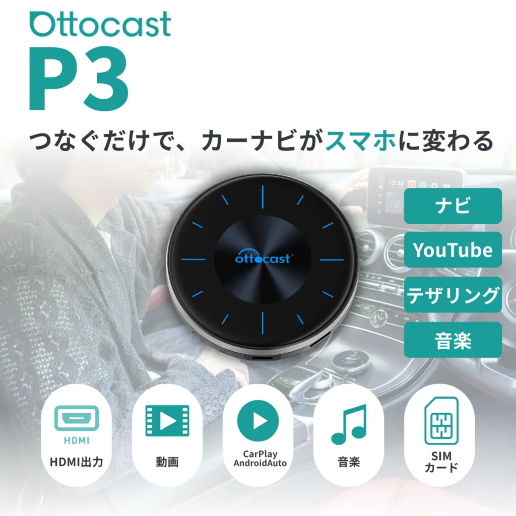 Ottocast P3の機能と使用イメージを紹介する公式サイトのビジュアル画像です。