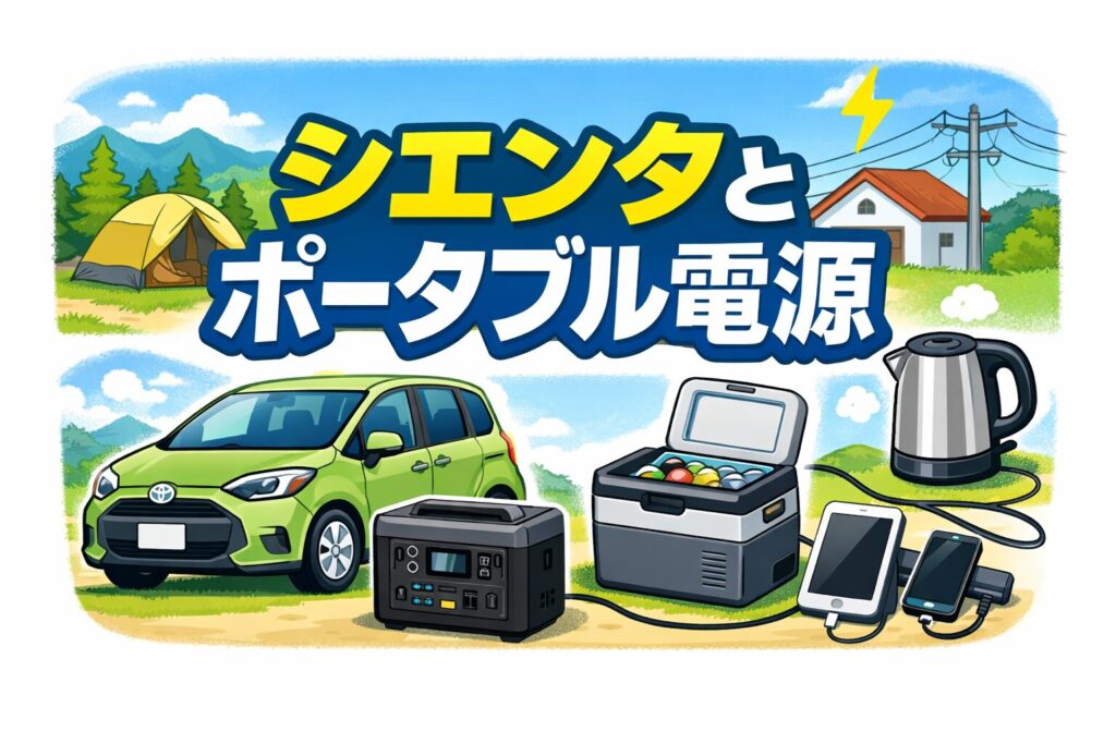 シエンタとポータブル電源の活用イメージ。車中泊や長距離ドライブ、災害時の電源としてポータブル電源を使うシーンをイラストで表現。