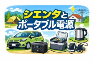 シエンタとポータブル電源の活用イメージ。車中泊や長距離ドライブ、災害時の電源としてポータブル電源を使うシーンをイラストで表現。